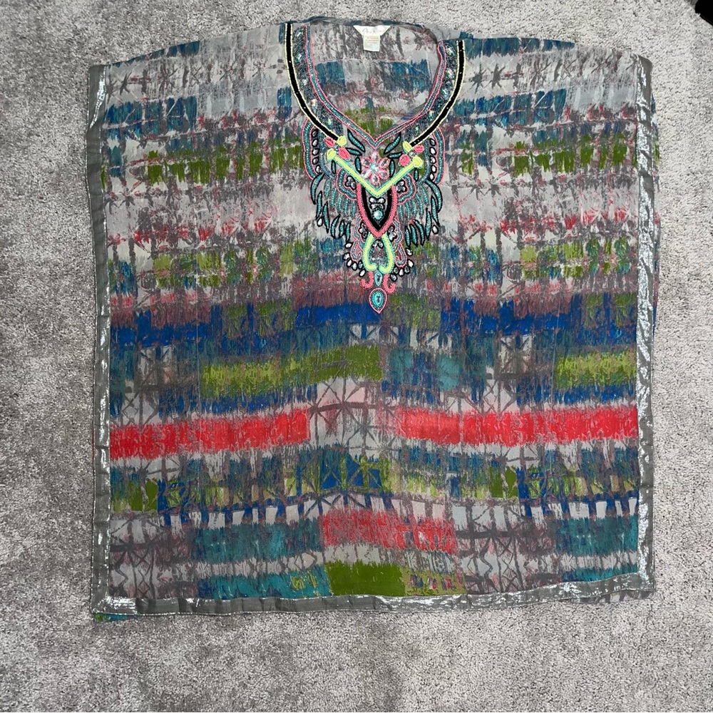 Lucky CoCo Women Beach Coverup Beaded Sequin Tunic Printed Size M Boho Coastal